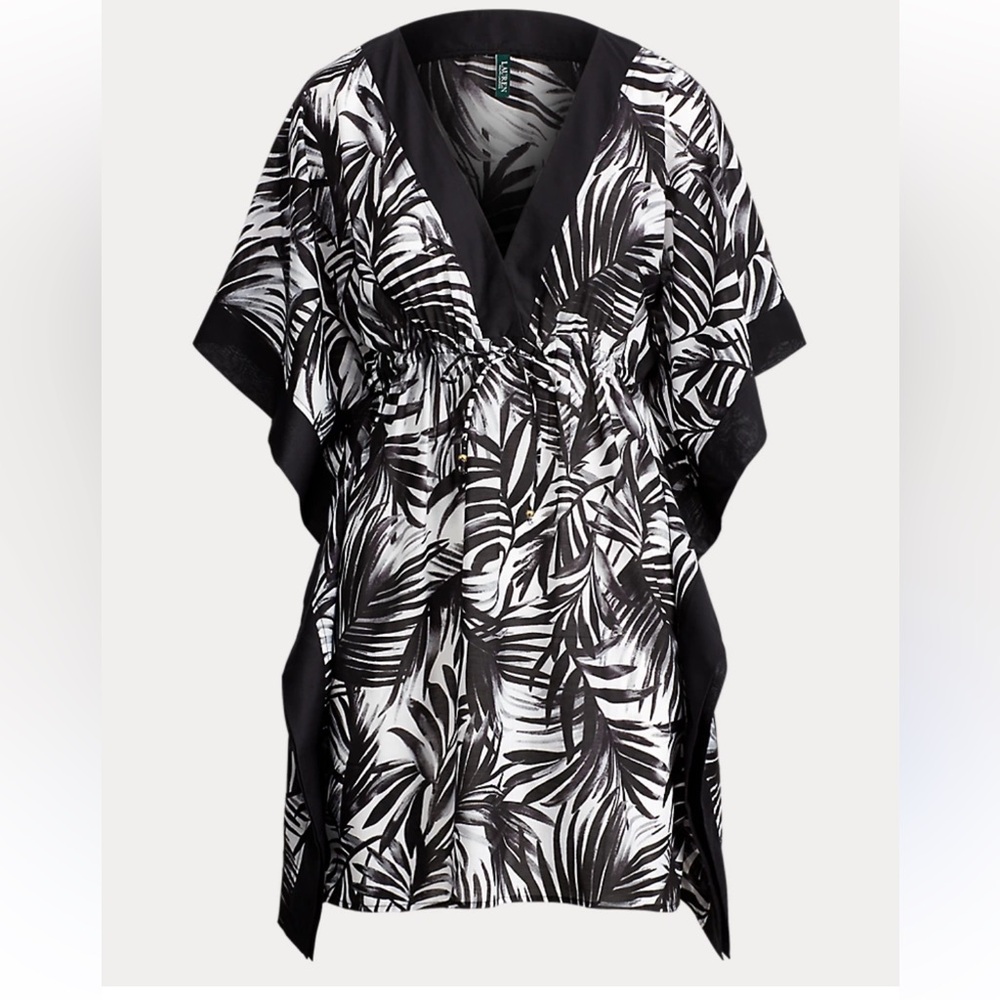 Lauren Ralph Lauren Black/White Palm Leaves Print Poncho Swim Coverup Beach S/M